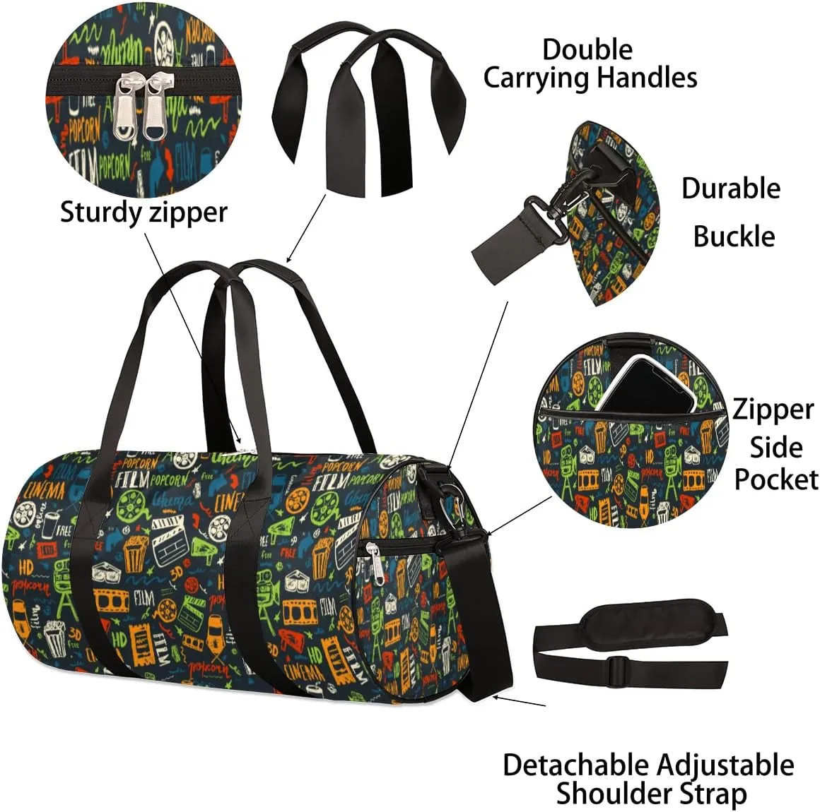 Small Gym Duffel Bags 17.8×9×9 Cinema Gym Bag for Men Women Overnight Weekender Bag Lightweight Sport Duffle Bag Carry On Gymbag