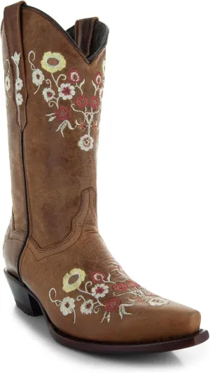 Soto Boots Women's Showstopper Snipped Toe Floral Cowgirl Boots, Embroidered Genuine Leather Handcrafted M50044 Tan