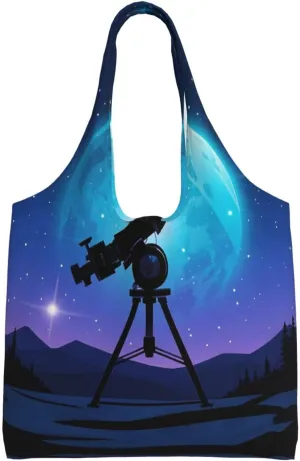 Space Galaxy with Telescope Print Women's Canvas Handbag,Sturdy Cotton Handbag With Patterned Shoulder Bag