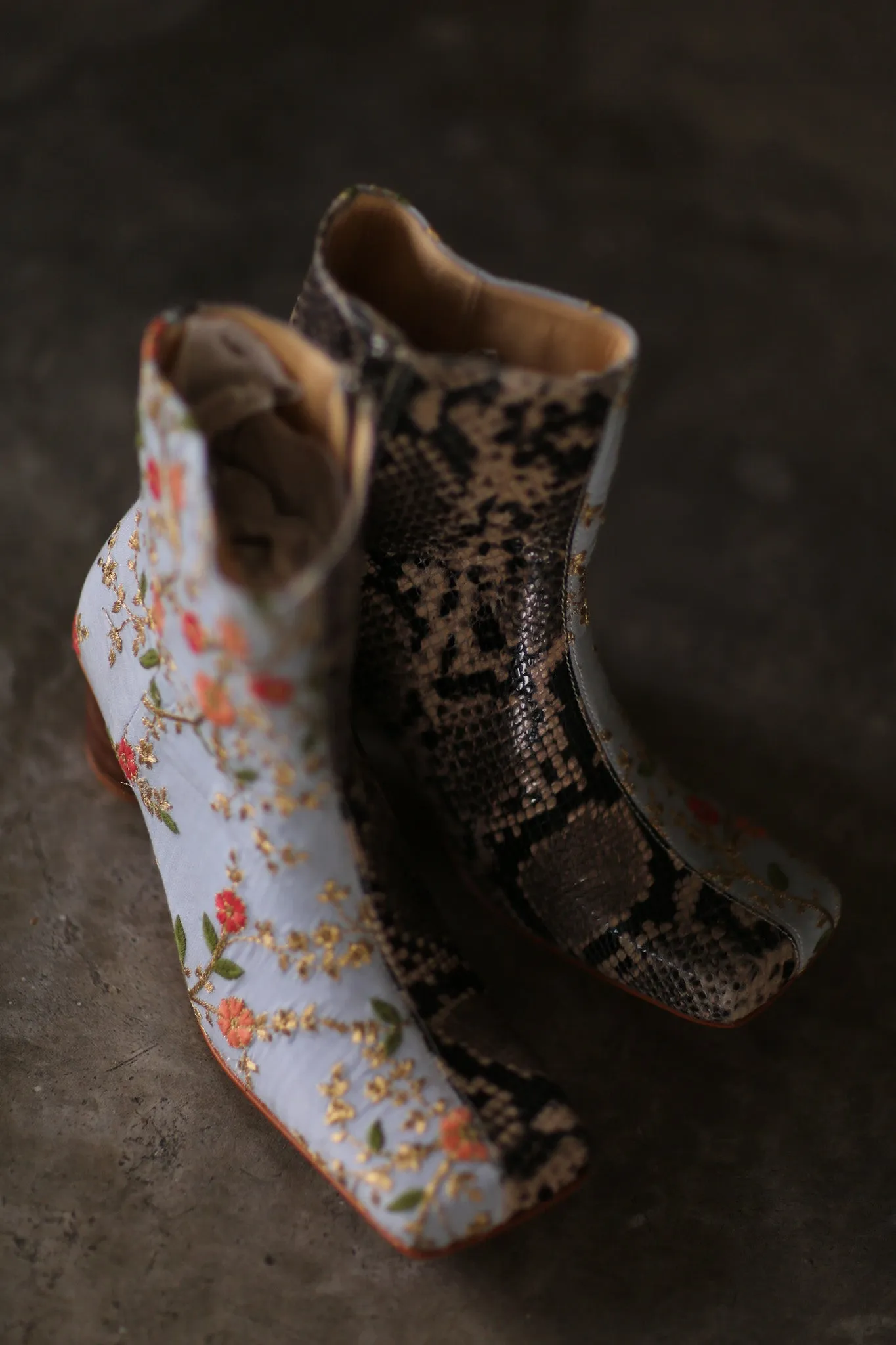 SPLIT SNAKE SKIN LEATHER EMBROIDERED SILK BOOTS