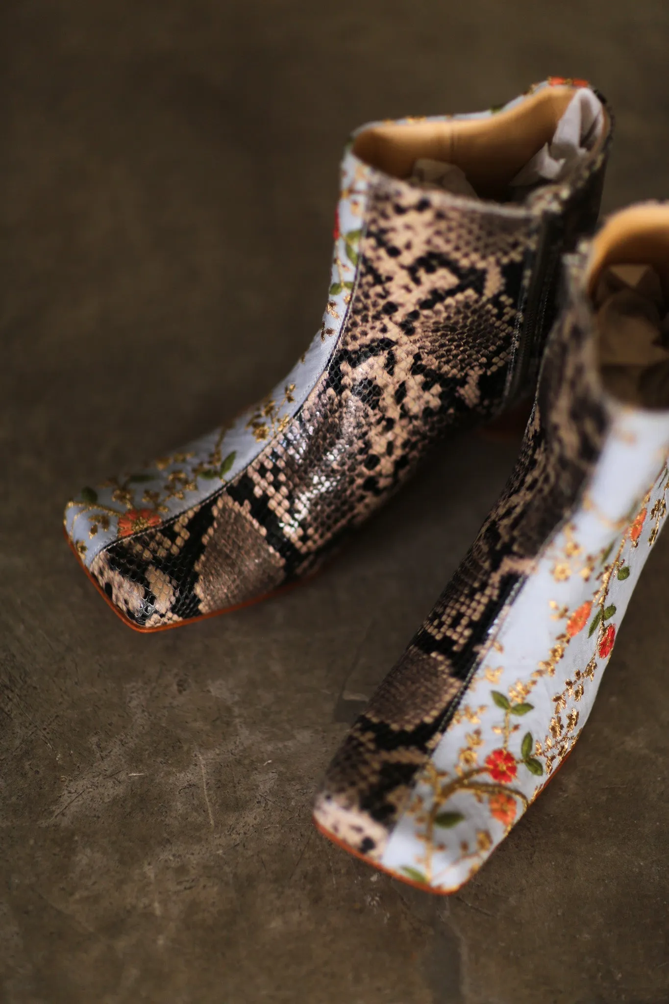 SPLIT SNAKE SKIN LEATHER EMBROIDERED SILK BOOTS