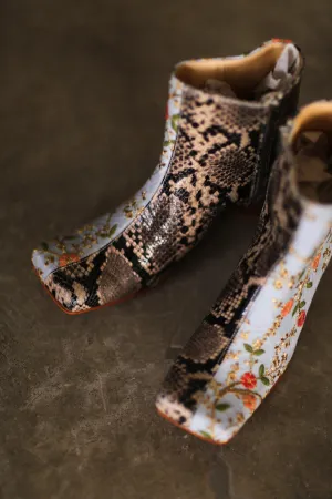 SPLIT SNAKE SKIN LEATHER EMBROIDERED SILK BOOTS