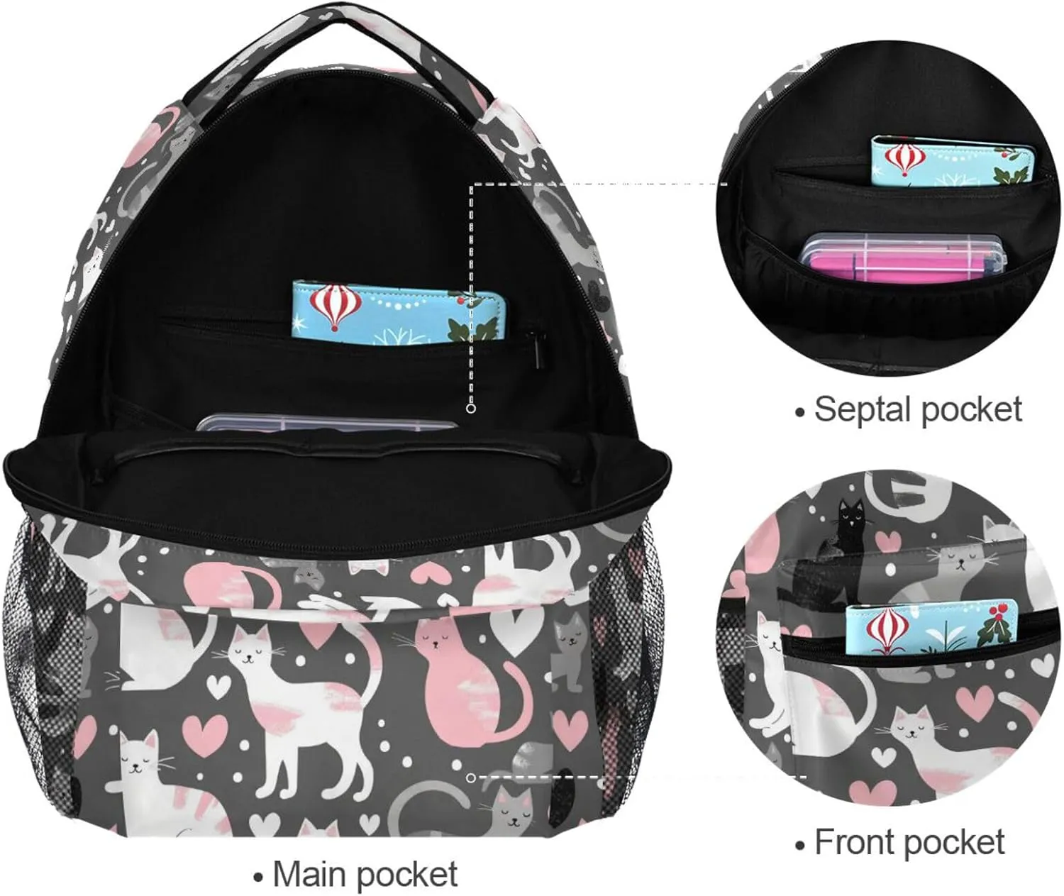Sport Backpack for Teacher Nurse Waterproof Backpack with Chest Strap for Business Work College Travel Trip Cartoon Cute Grey White Peach Cats