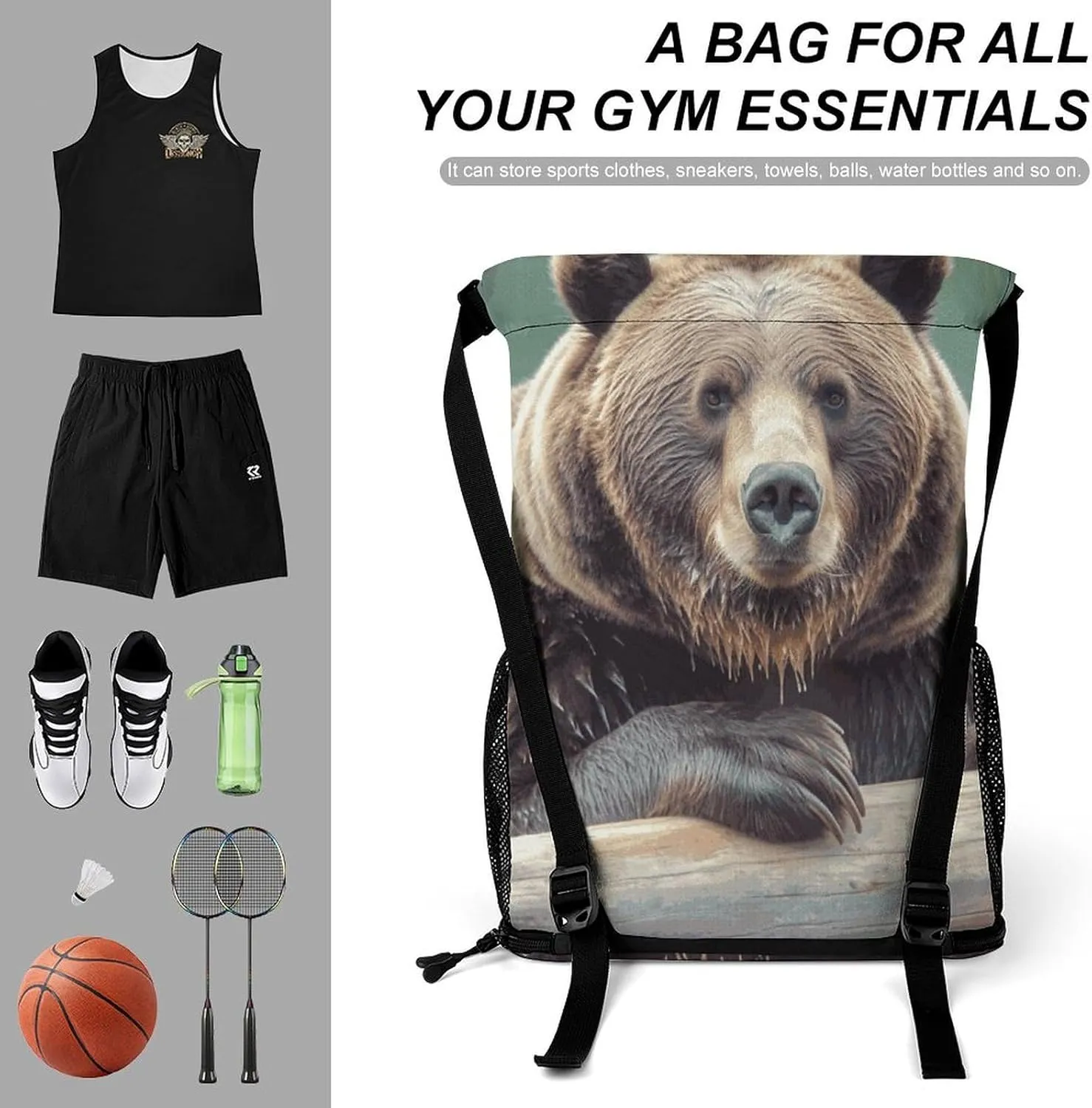 Sport Drawstring Backpack Beach Bag Grizzly Bear Drawstring Bag Suitable for Fitness And Swimming