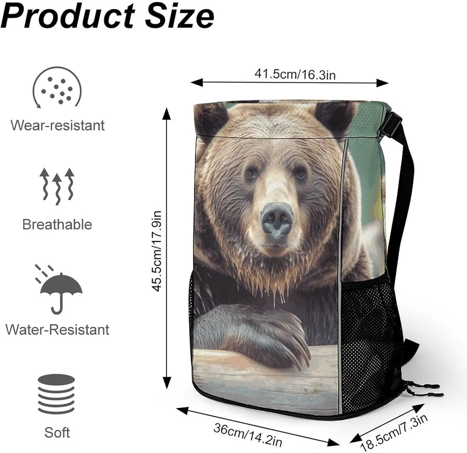 Sport Drawstring Backpack Beach Bag Grizzly Bear Drawstring Bag Suitable for Fitness And Swimming