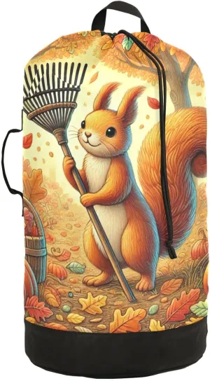 Squirrel Rake Orange Laundry Bag with Shoulder Straps Drawstring Travel Laundry Hamper Dry Bag Backpack Laundry Bags for Dirty Clothes Organizer Camping Dorm Essentials
