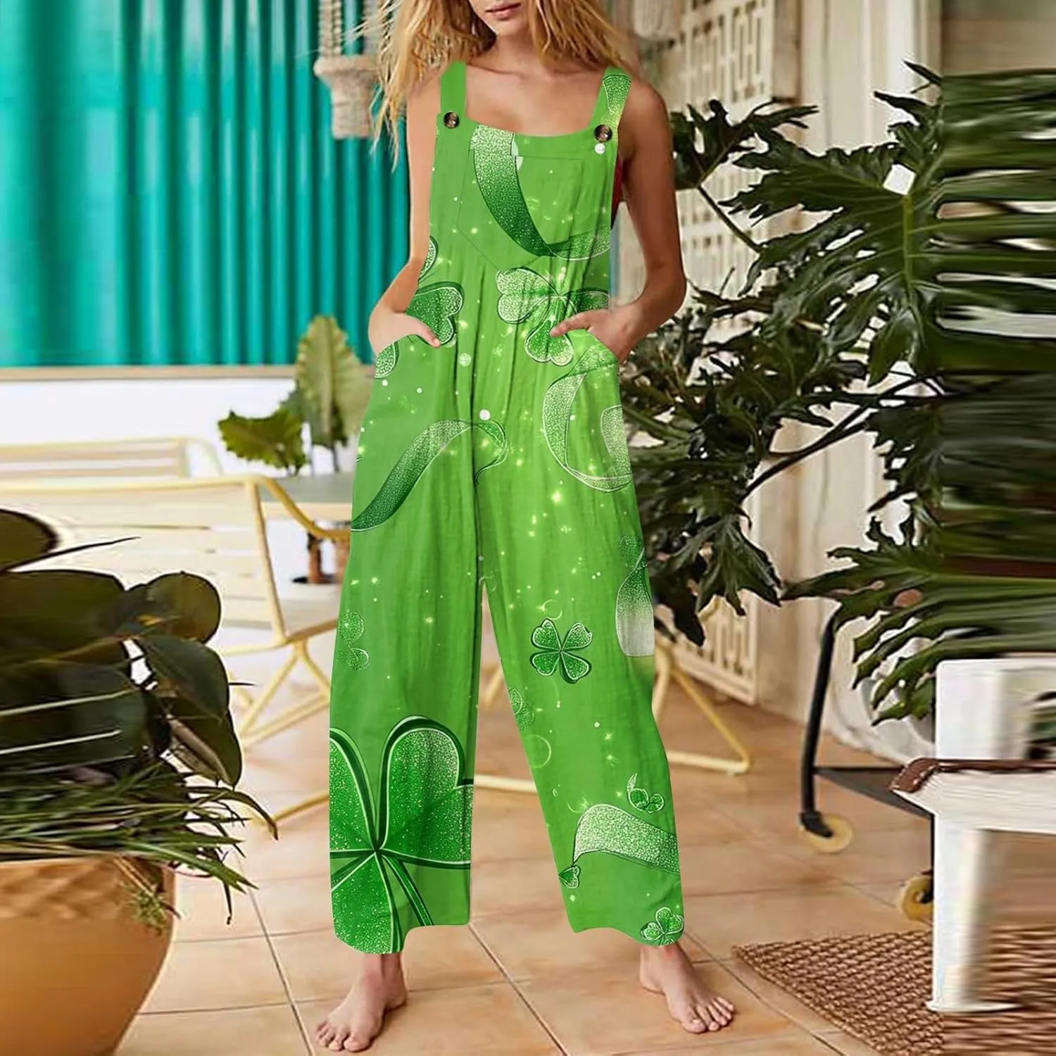 St Patricks Jumpsuits for Women Casual Shamrock Floral Irish Tank Top Street Celebrations Daily Pants Romper with Pocket