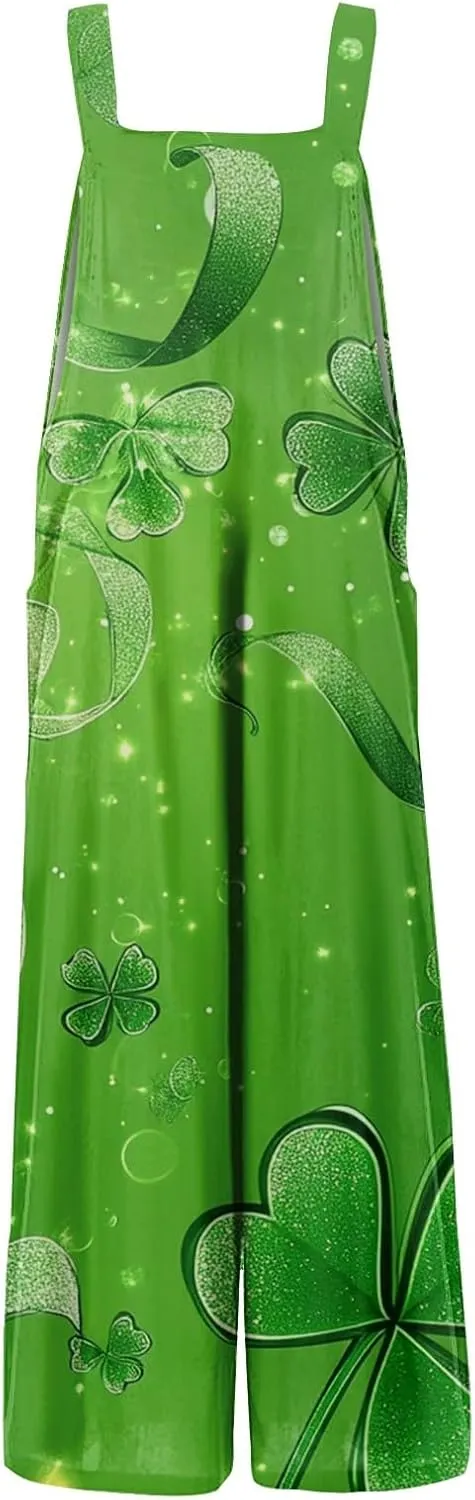 St Patricks Jumpsuits for Women Casual Shamrock Floral Irish Tank Top Street Celebrations Daily Pants Romper with Pocket