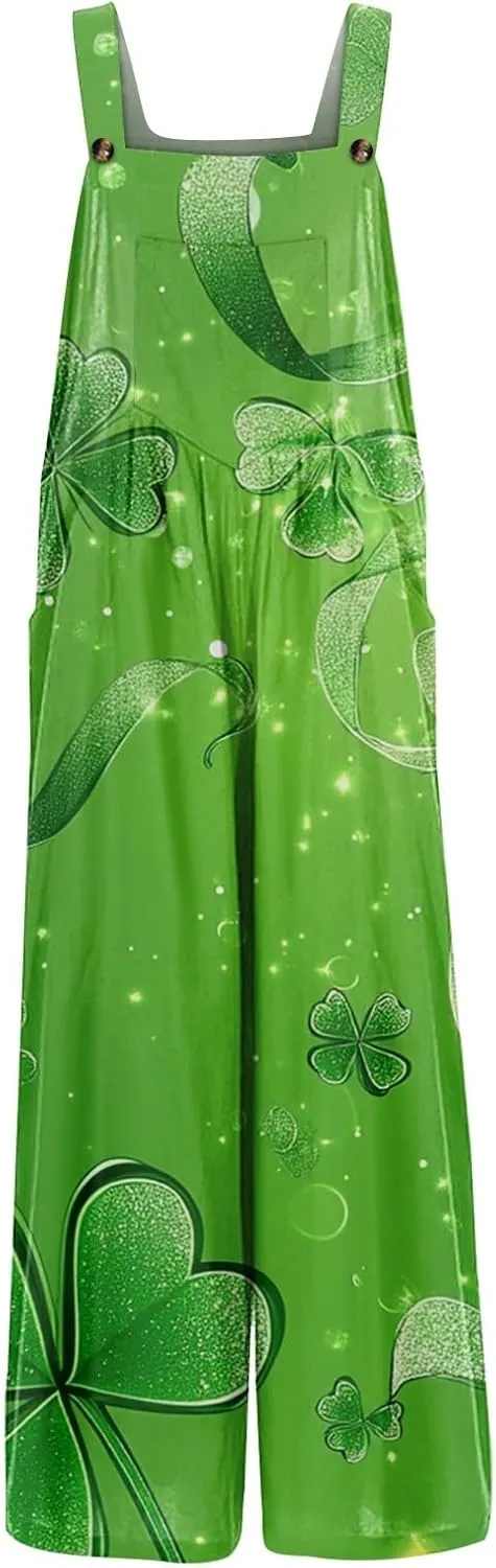 St Patricks Jumpsuits for Women Casual Shamrock Floral Irish Tank Top Street Celebrations Daily Pants Romper with Pocket