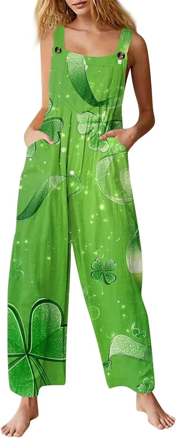St Patricks Jumpsuits for Women Casual Shamrock Floral Irish Tank Top Street Celebrations Daily Pants Romper with Pocket