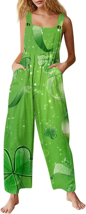 St Patricks Jumpsuits for Women Casual Shamrock Floral Irish Tank Top Street Celebrations Daily Pants Romper with Pocket