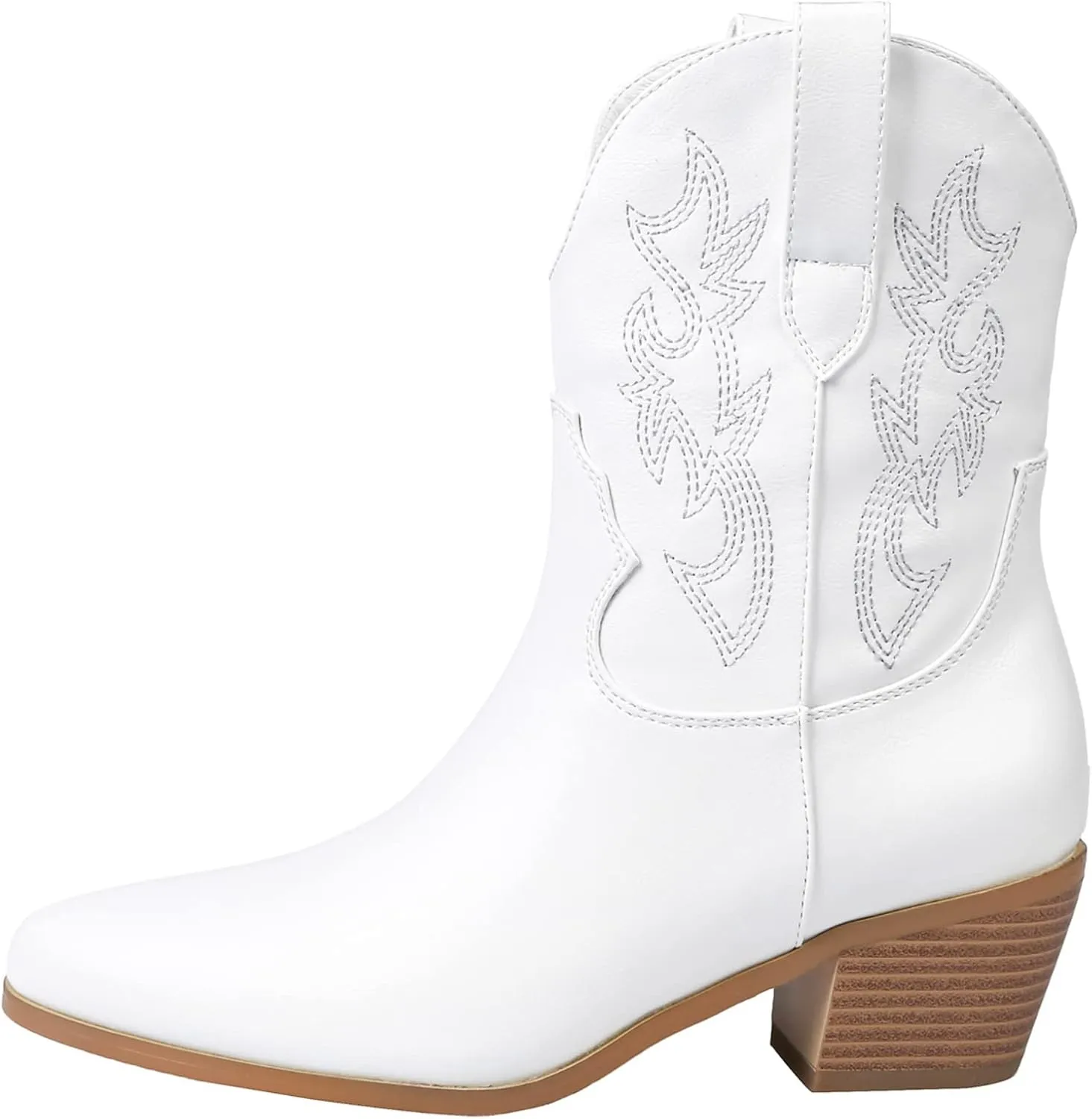 STALOV Women's Western Cowgirl Boots, Embroidered, Silver, Ankle-High, Pointed Toe, Pull-On, Block Heel, Casual, Spring, Fall, Cowboy, Horse Riding