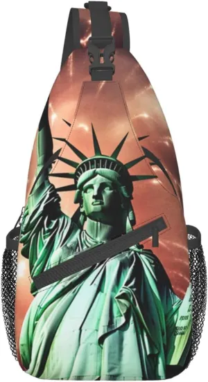 Statue Liberty Flag Fireworks Print Sling Backpack Travel Sling Bag Casual Chest Bag Hiking Daypack Crossbody Bag For Men Women