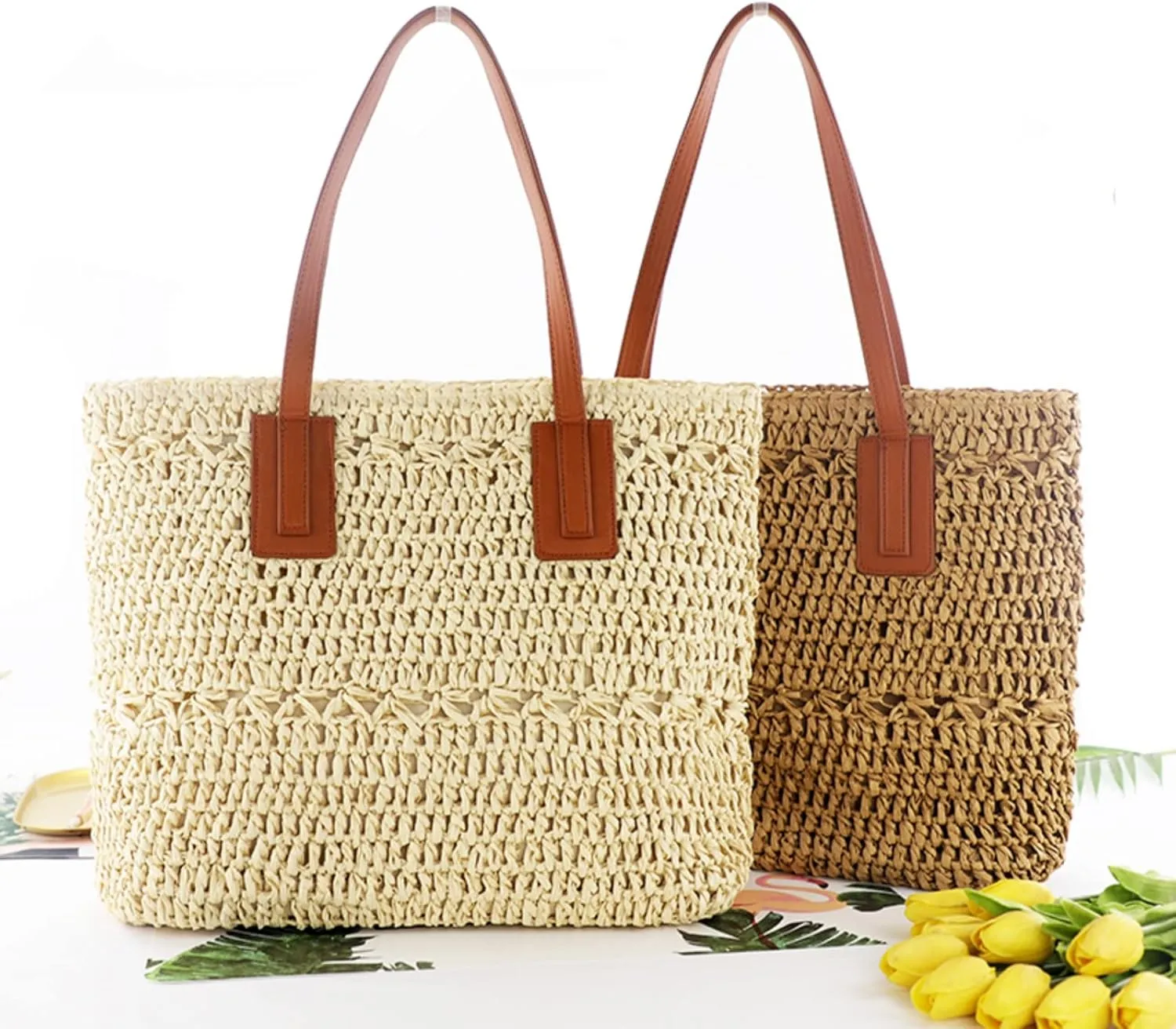 Straw Bag for Women Woven Beach Structured Tote Handmade Crochet Carteras De Mujer Summer Shoulder Bohemian Pom Travel