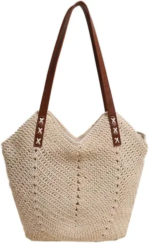 Straw Beach Bags for Women Straw Tote Bag Summer Hobo Purse Woven Shoulder Handbag for Vacation Holiday Casual Beige