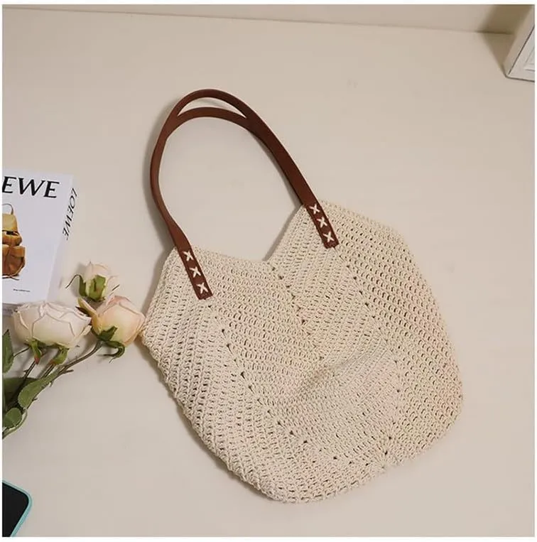 Straw Beach Bags for Women Straw Tote Bag Summer Hobo Purse Woven Shoulder Handbag for Vacation Holiday Casual Beige