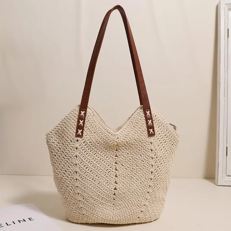 Straw Beach Bags for Women Straw Tote Bag Summer Hobo Purse Woven Shoulder Handbag for Vacation Holiday Casual Beige