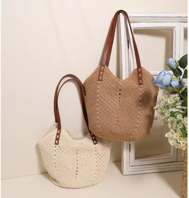 Straw Beach Bags for Women Straw Tote Bag Summer Hobo Purse Woven Shoulder Handbag for Vacation Holiday Casual Beige