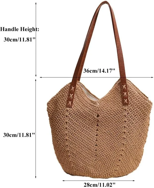 Straw Beach Bags for Women Straw Tote Bag Summer Hobo Purse Woven Shoulder Handbag for Vacation Holiday Casual Brown