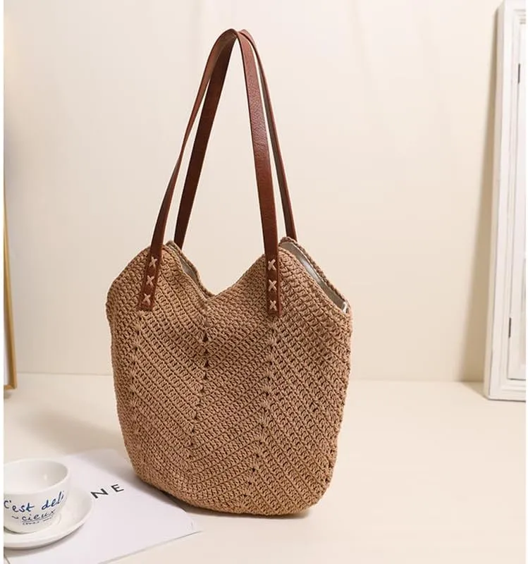 Straw Beach Bags for Women Straw Tote Bag Summer Hobo Purse Woven Shoulder Handbag for Vacation Holiday Casual Brown