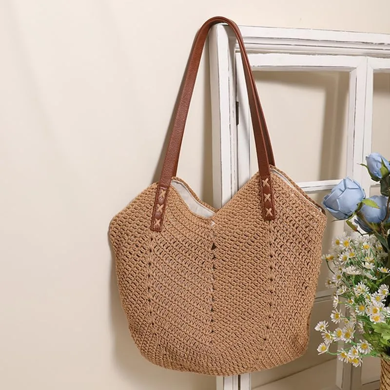 Straw Beach Bags for Women Straw Tote Bag Summer Hobo Purse Woven Shoulder Handbag for Vacation Holiday Casual Brown