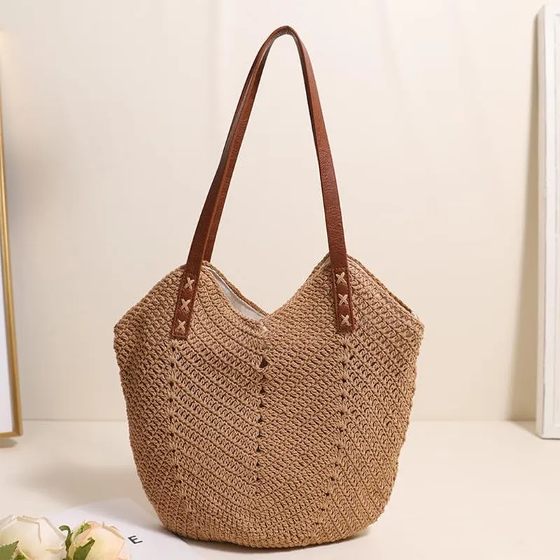 Straw Beach Bags for Women Straw Tote Bag Summer Hobo Purse Woven Shoulder Handbag for Vacation Holiday Casual Brown