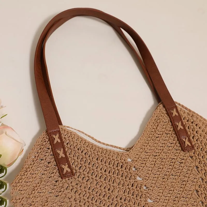Straw Beach Bags for Women Straw Tote Bag Summer Hobo Purse Woven Shoulder Handbag for Vacation Holiday Casual Brown