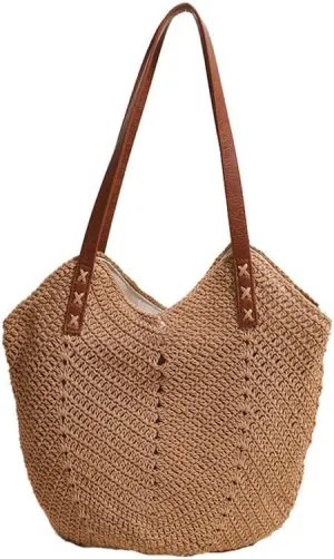 Straw Beach Bags for Women Straw Tote Bag Summer Hobo Purse Woven Shoulder Handbag for Vacation Holiday Casual Brown