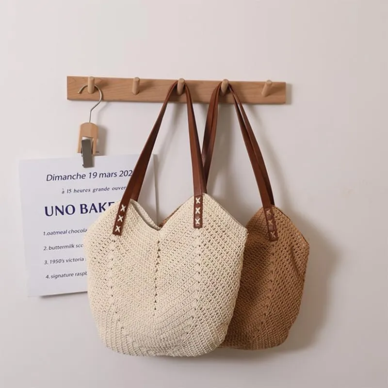 Straw Beach Bags for Women Straw Tote Bag Summer Hobo Purse Woven Shoulder Handbag for Vacation Holiday Casual Brown