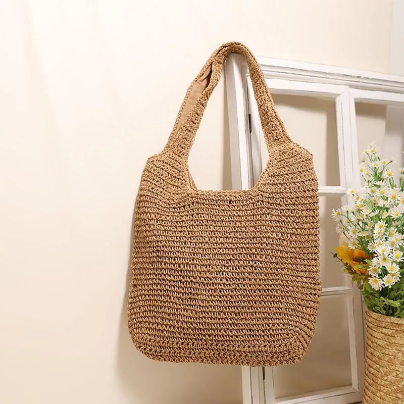 Straw Big Purse Shoulder Tote for Women Summer Beach Shoulder Handbag Straw-Woven Large Tote Purse for Travel Brown