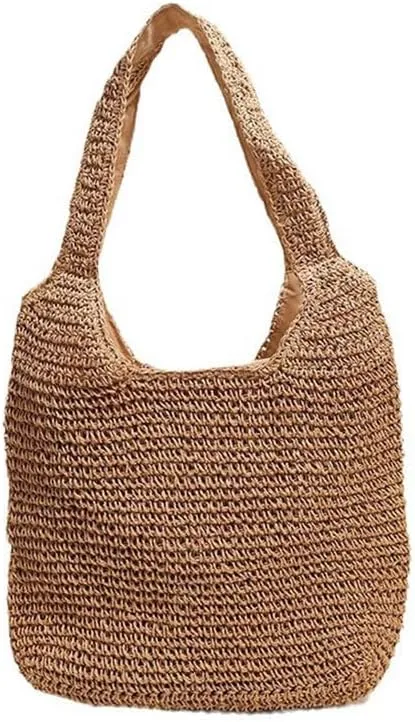 Straw Big Purse Shoulder Tote for Women Summer Beach Shoulder Handbag Straw-Woven Large Tote Purse for Travel Brown