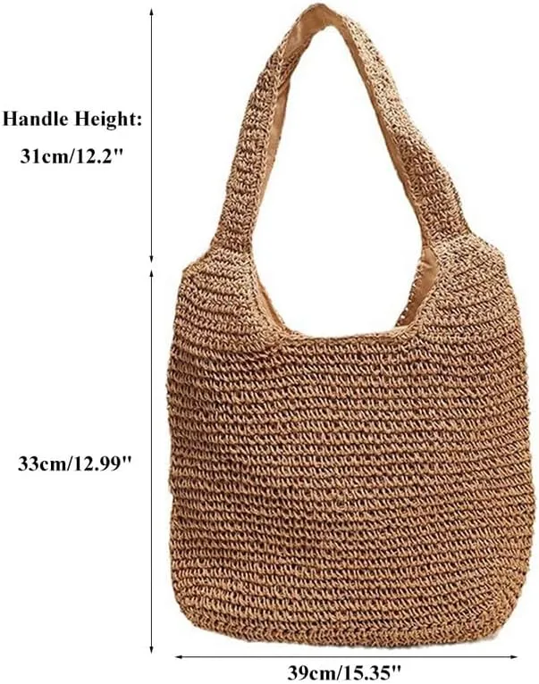 Straw Big Purse Shoulder Tote for Women Summer Beach Shoulder Handbag Straw-Woven Large Tote Purse for Travel Brown