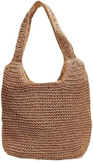 Straw Big Purse Shoulder Tote for Women Summer Beach Shoulder Handbag Straw-Woven Large Tote Purse for Travel Brown