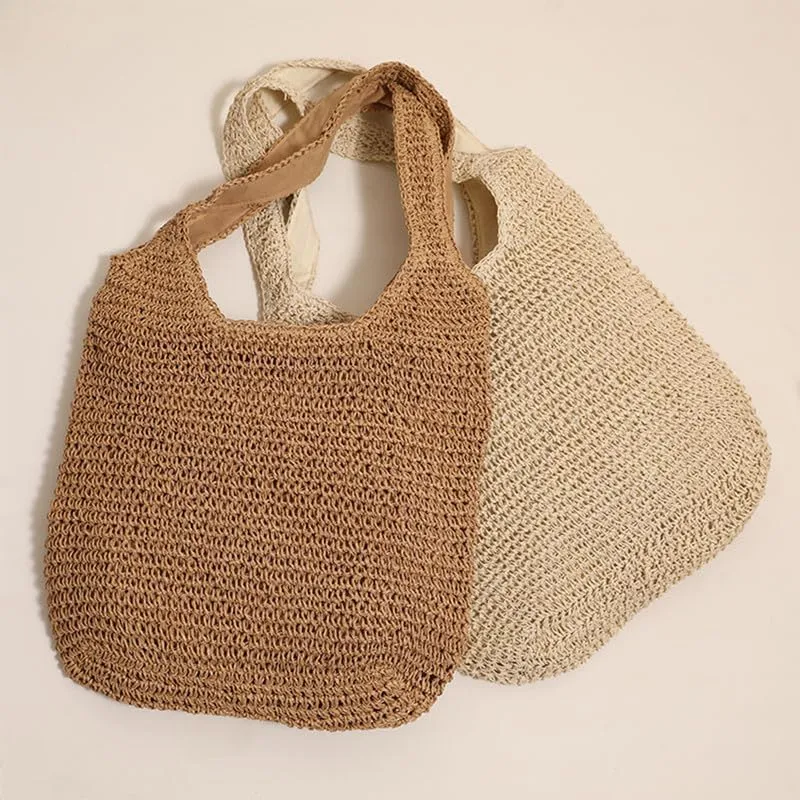 Straw Big Purse Shoulder Tote for Women Summer Beach Shoulder Handbag Straw-Woven Large Tote Purse for Travel Brown