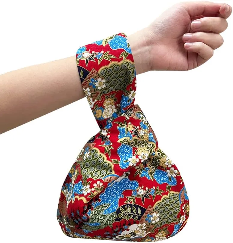 Stylish Cotton Japanese Pattern Wrist Bag Sleeve Knot Pouch Portable Canvas Tote Purse for Female, Women