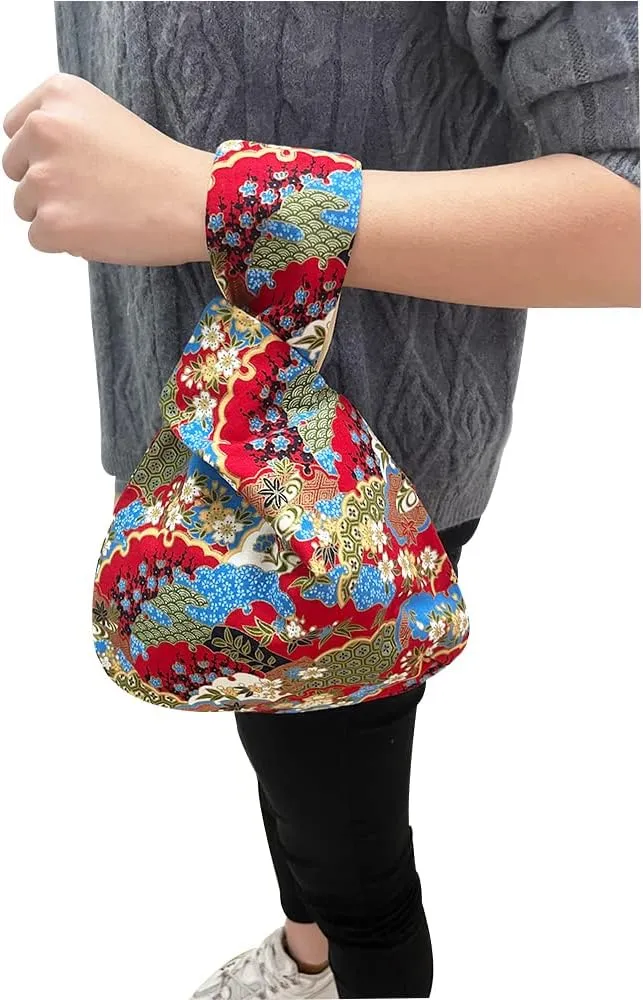 Stylish Cotton Japanese Pattern Wrist Bag Sleeve Knot Pouch Portable Canvas Tote Purse for Female, Women
