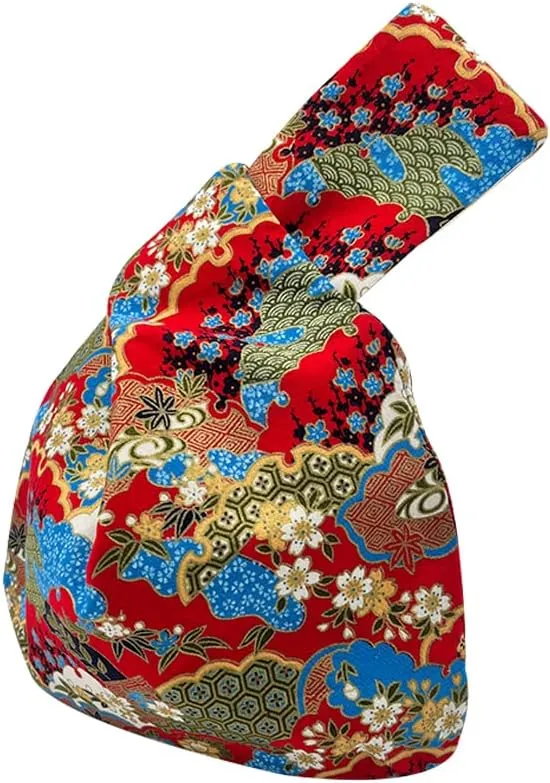 Stylish Cotton Japanese Pattern Wrist Bag Sleeve Knot Pouch Portable Canvas Tote Purse for Female, Women
