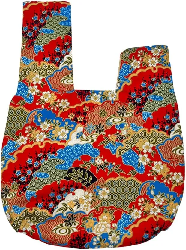 Stylish Cotton Japanese Pattern Wrist Bag Sleeve Knot Pouch Portable Canvas Tote Purse for Female, Women