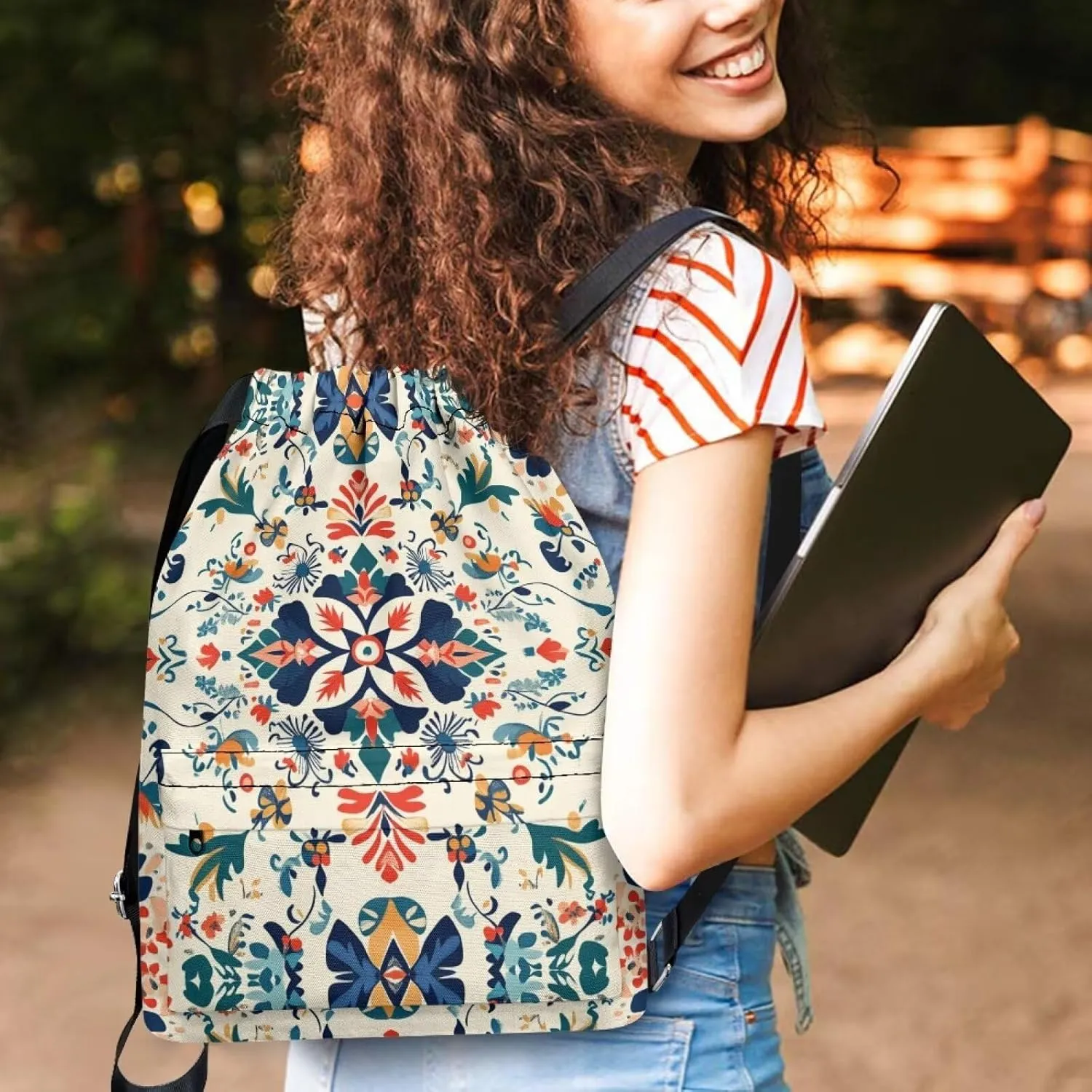 Stylish Gym Bags with Draw Cord Closures Bohemian Style Drawstring Backpack for Women Gym Duffle Bag with Convenient Multi Pockets One Size Fits Most