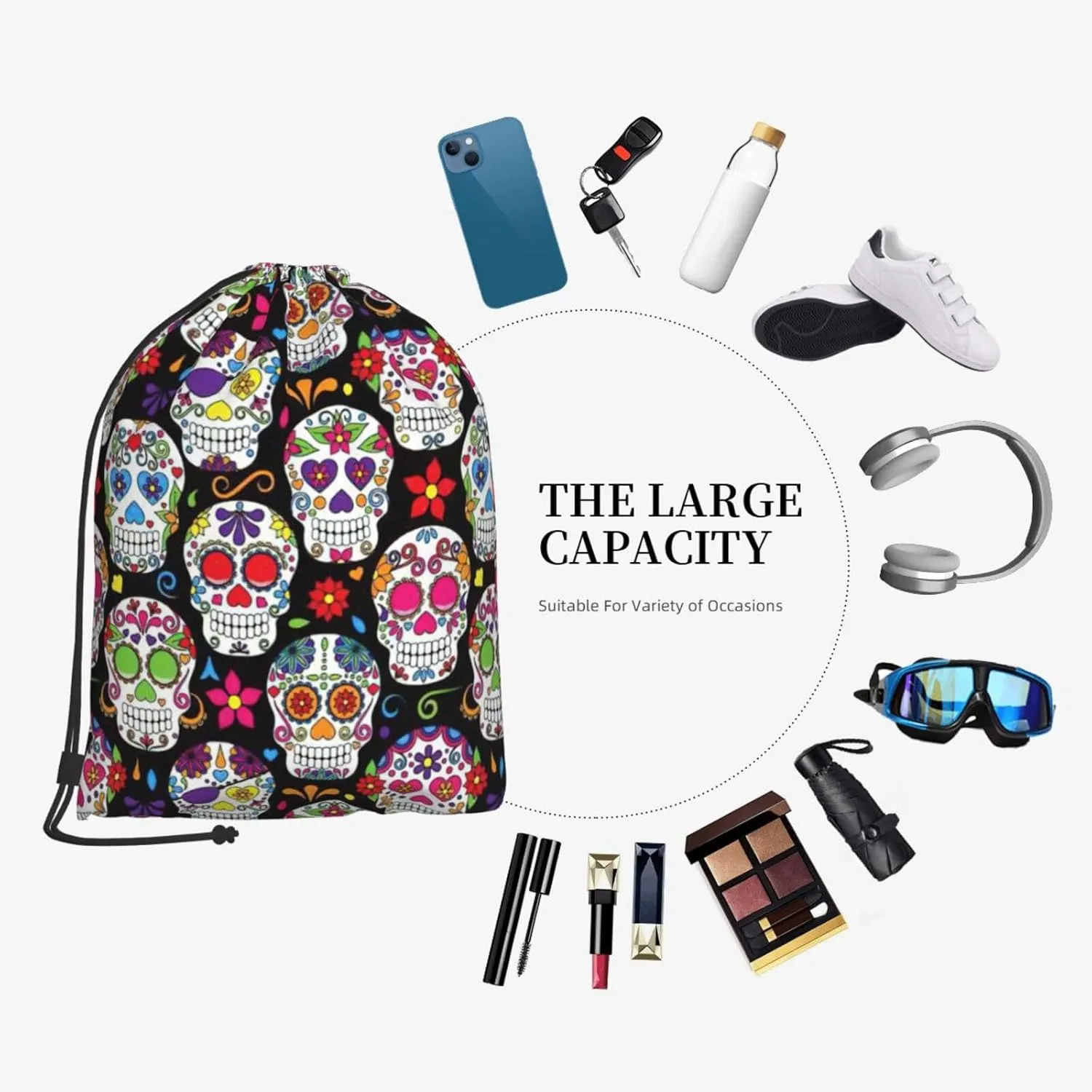Sugar Skulls Drawstring Cinch Backpack Polyester Sack Pack String Bag For Hiking Camping Adventure