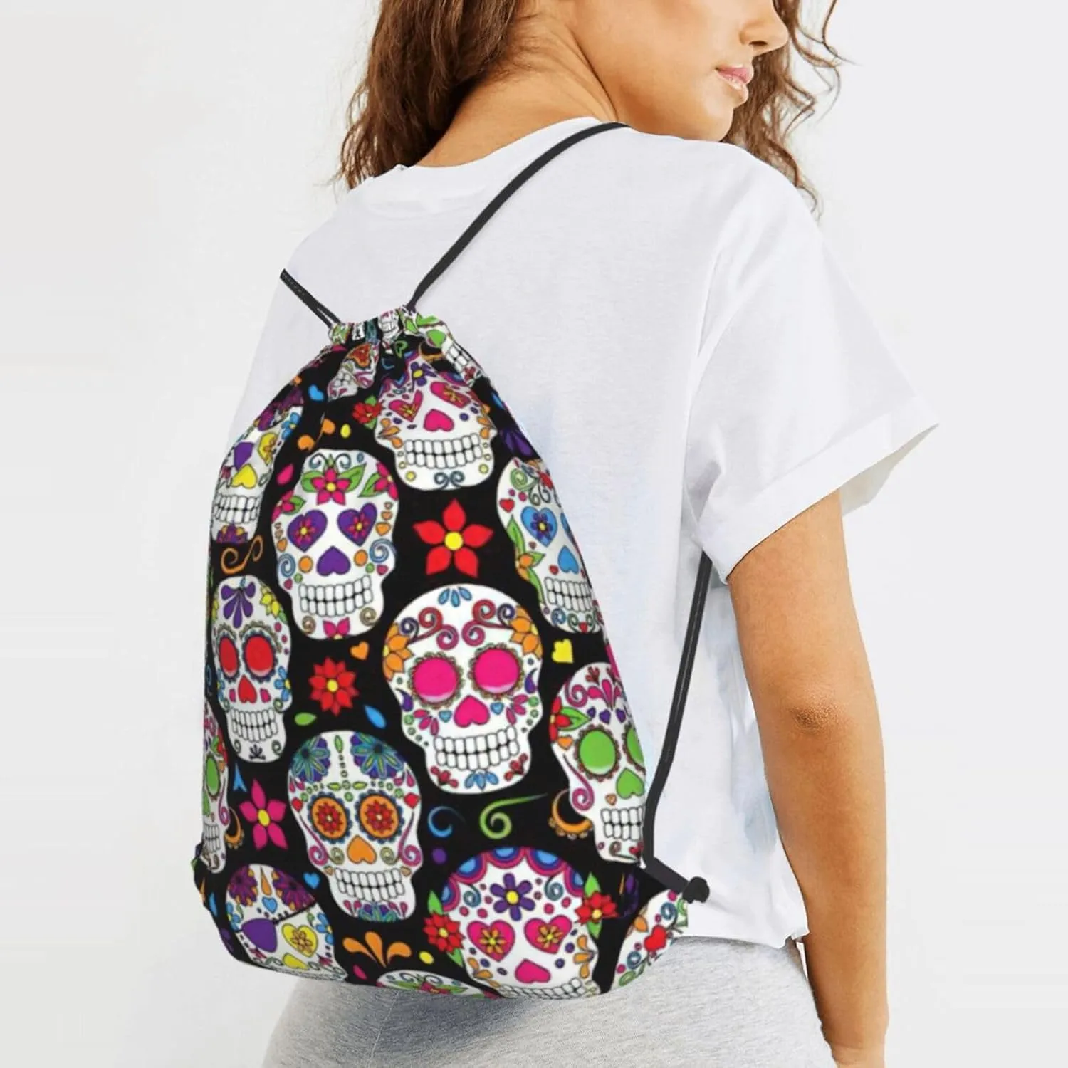 Sugar Skulls Drawstring Cinch Backpack Polyester Sack Pack String Bag For Hiking Camping Adventure