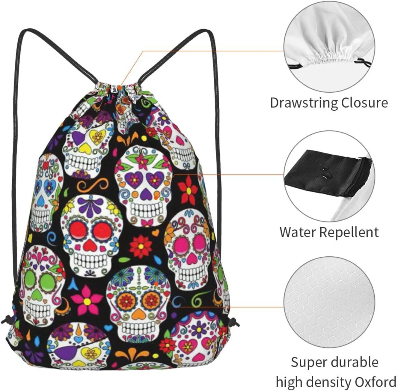 Sugar Skulls Drawstring Cinch Backpack Polyester Sack Pack String Bag For Hiking Camping Adventure