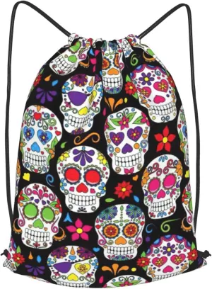 Sugar Skulls Drawstring Cinch Backpack Polyester Sack Pack String Bag For Hiking Camping Adventure