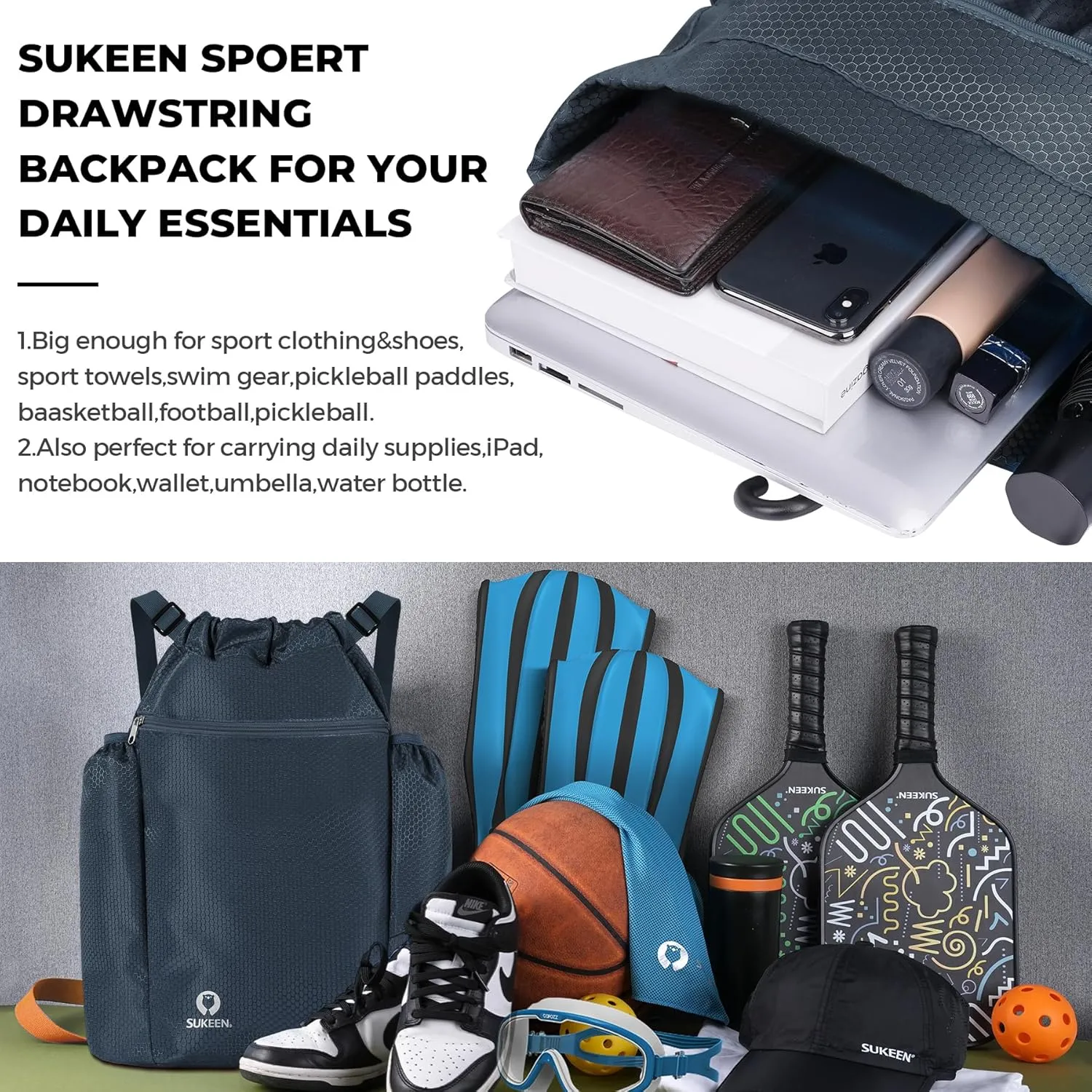 Sukeen Drawstring Backpack Swim Bag Lightweight String Backpack for Beach Pickleball Swimming Pool Gym Workout Gear Sport