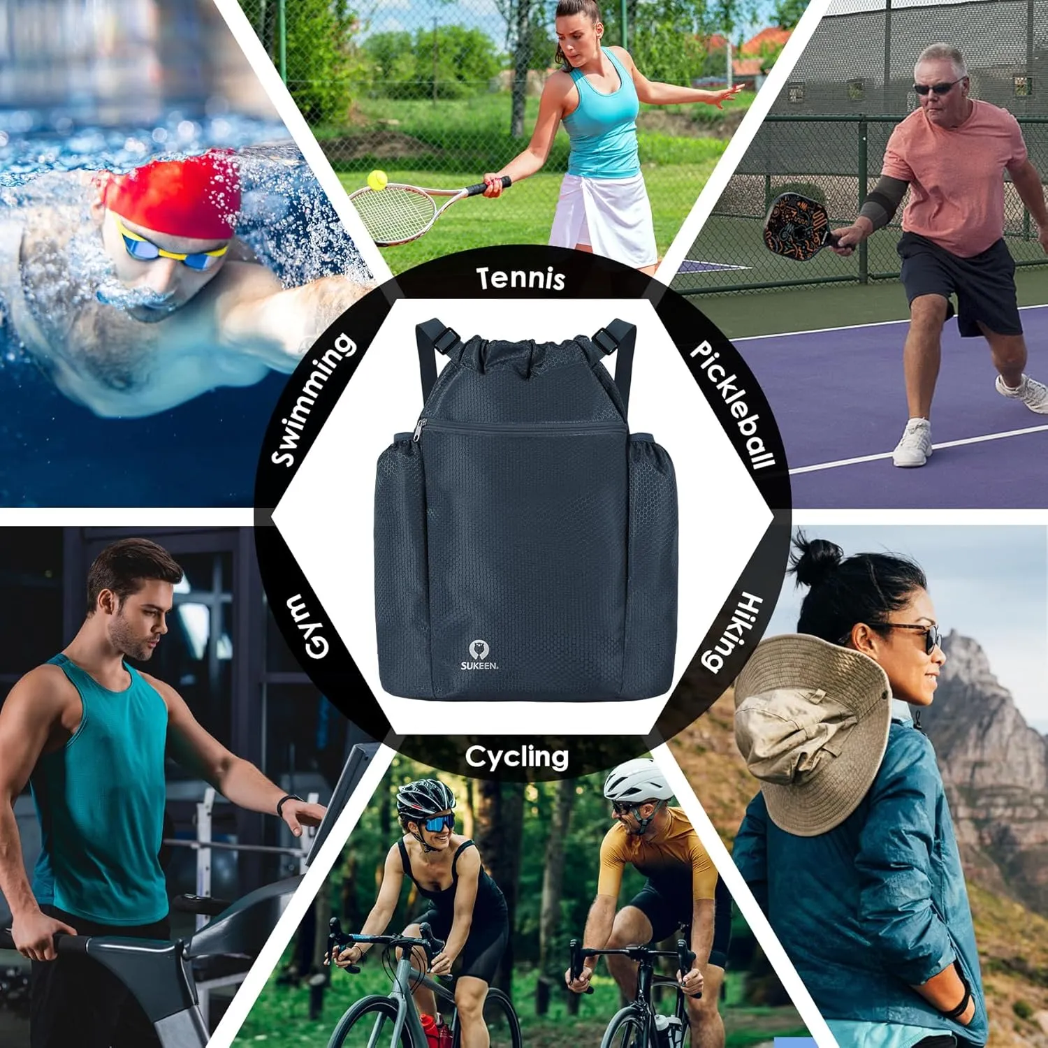 Sukeen Drawstring Backpack Swim Bag Lightweight String Backpack for Beach Pickleball Swimming Pool Gym Workout Gear Sport