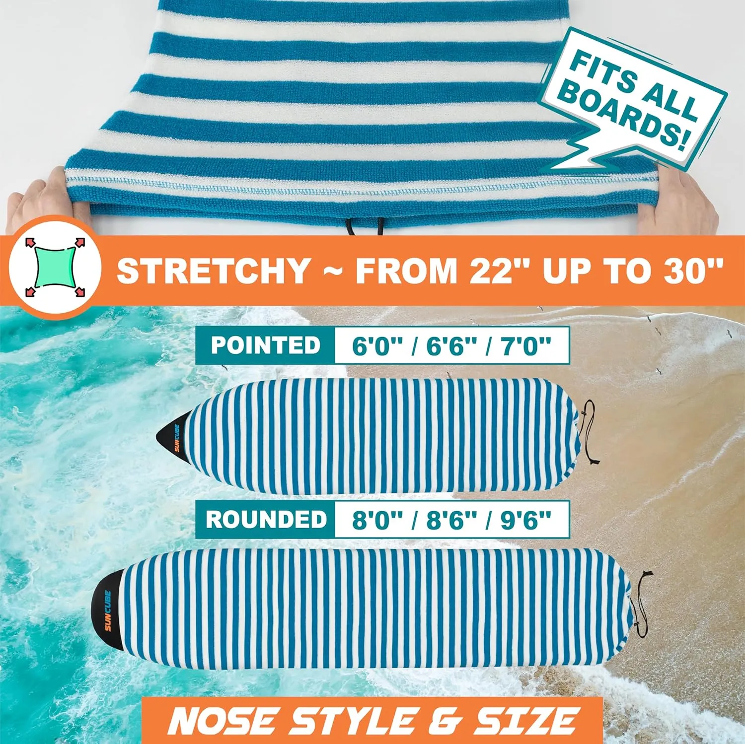SUN CUBE Surfboard Sock Cover, Surf Bag for Surfing Board, Protective Stretchy Surf Bag Sock Sleeve for Longboard, Hybrid, Shortboard