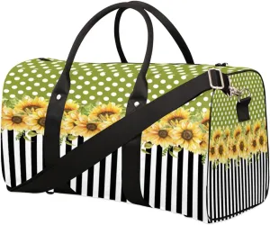 Sunflower Dots Duffel Bag Sport Gym Duffle Bag Stripe Sunflower Travel Bag Waterproof Weekender Overnight Tote Bag Foldable Carry on Bag Training Shoulder Bag for Women Men
