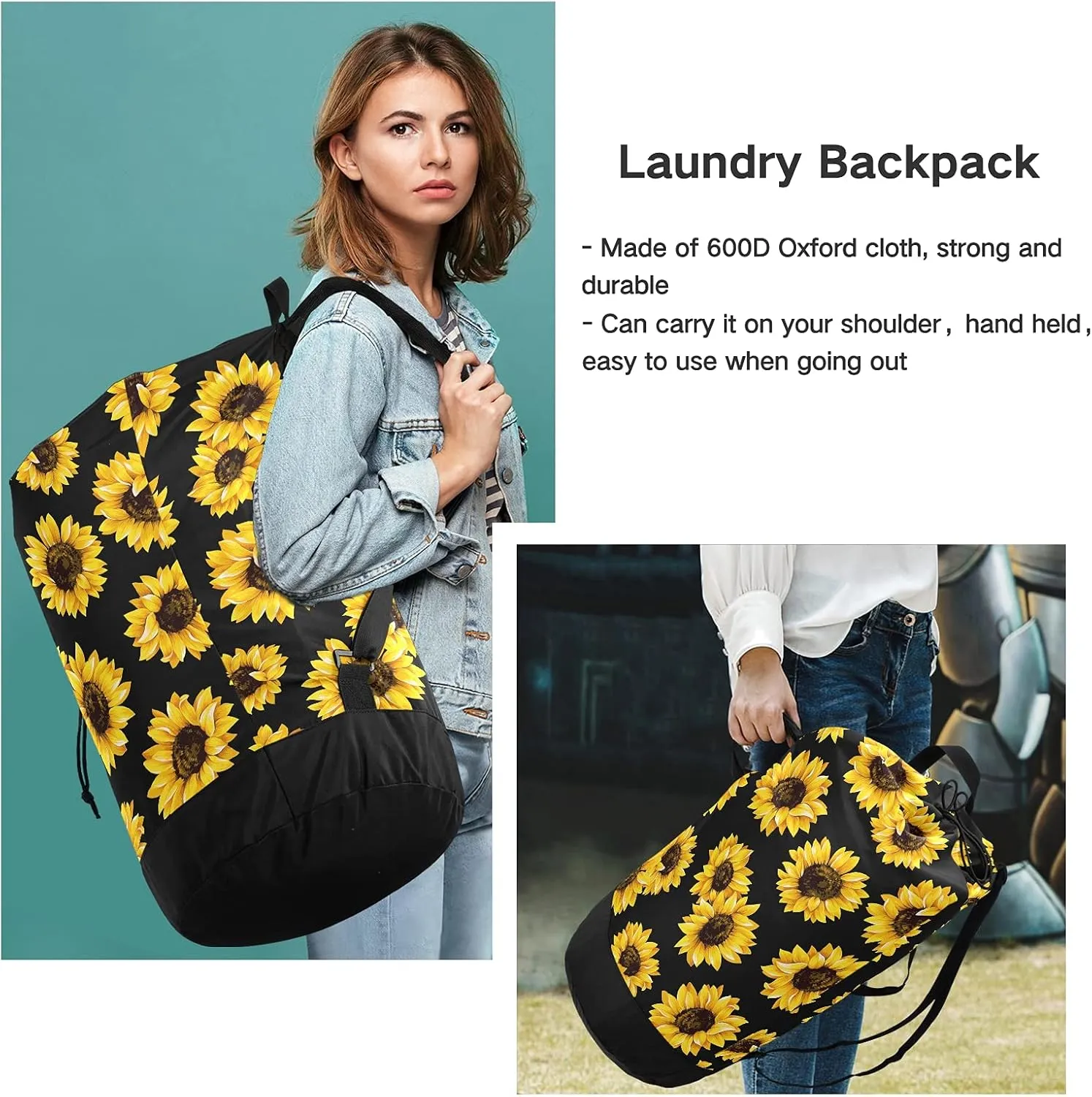 Sunflowers Laundry Bag Large Laundry Backpack Heavy Duty with Adjustable Shoulder Straps for Traveling Dirty Clothes Organizer for College Students Waterproof