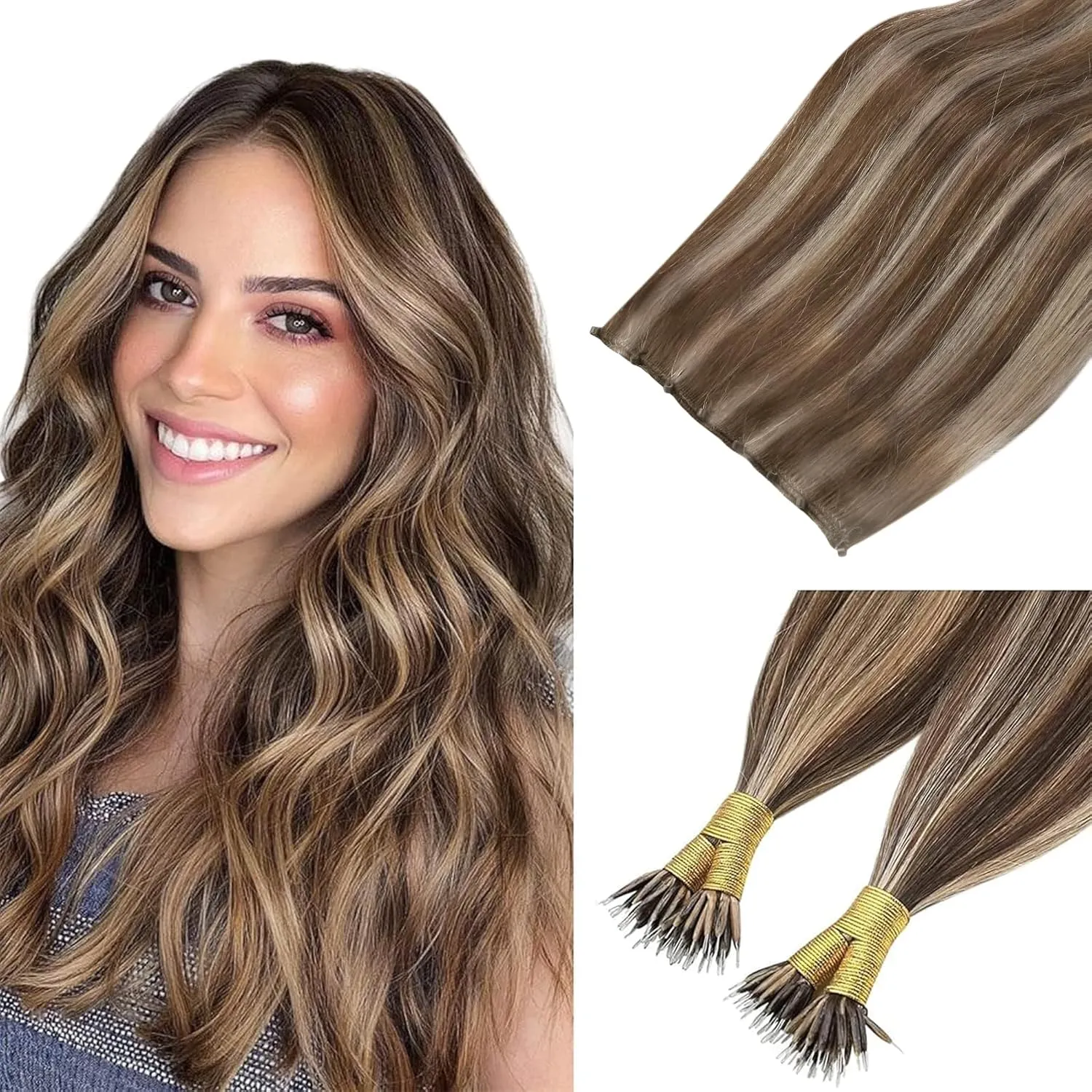 Sunny Hair Beaded Weft Hair Extensions Human Hair #4427-18 Bundle with Nano Hair Extensions 18inch 50g