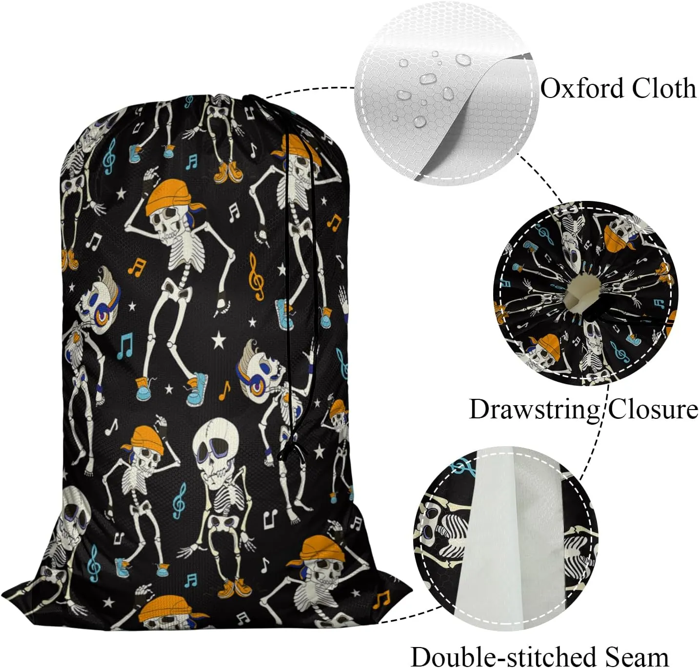 Swono Dancing Skeletons Heavy Duty Large Laundry Bags 1 Pack 28 x 40 inch Halloween Pattern XL Drawstring Travel Organizer Bag Fit Hamper Basket Camp Home College Dorm Tear Resistant Dirty Cloth Big